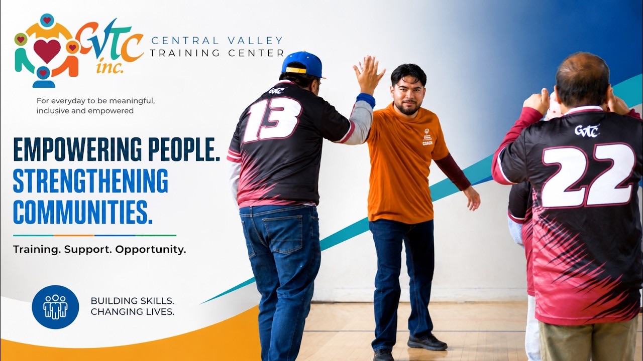 Thumbnail for the CVTC company overview video: a coach in orange high-fiving a player in a number 13 jersey