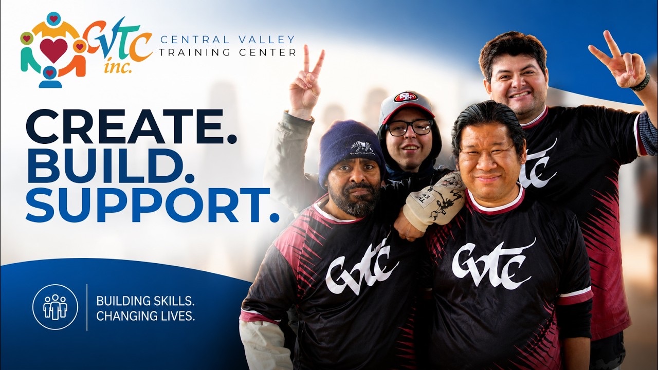Thumbnail for the CVTC recruitment video: four smiling CVTC team members in team jerseys, two giving peace signs