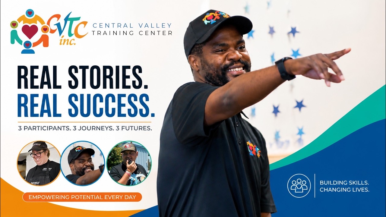 Thumbnail for CVTC Participant Success Stories: a smiling participant in a CVTC cap pointing across the room